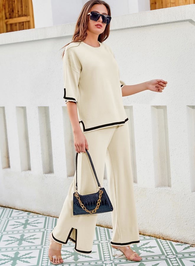 Tanming Sweater Sets Women Two Piece Outfits Short Sleeve Tops Wide Leg Pants Loungewear, Apricot, L - Image 2