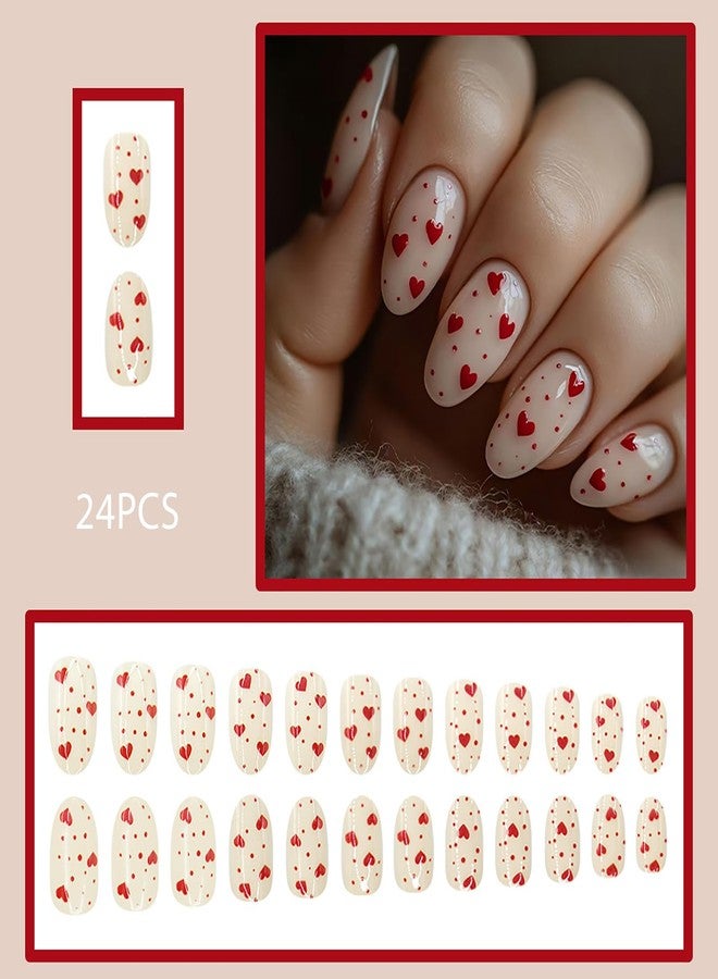 GRITOSE 24Pcs Cute Valentines Press on Nails Almond Short Fake Nails Red Heart Polka Dot False Nails Valentines Day Nail Nude Full Cover Nails Press ons Artificial Reusable Stick on Nail for Women - Image 2