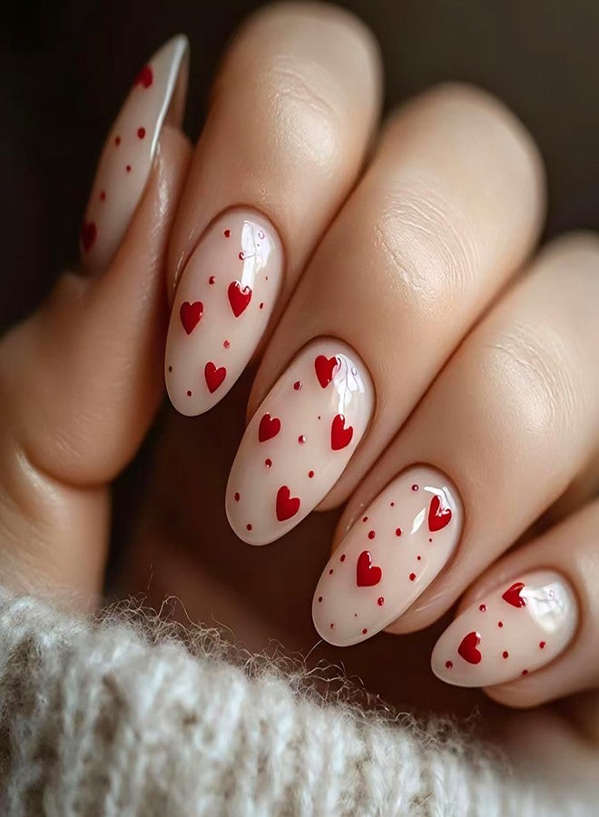 GRITOSE 24Pcs Cute Valentines Press on Nails Almond Short Fake Nails Red Heart Polka Dot False Nails Valentines Day Nail Nude Full Cover Nails Press ons Artificial Reusable Stick on Nail for Women - Image 1