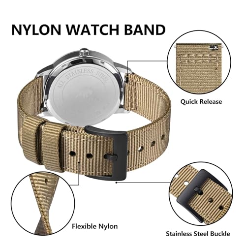 BISONSTRAP Men’s Nylon Watch Bands, Two-Piece Military Watch Straps, Quick Release, Brushed Buckle, 22mm, Khaki (Black Buckle) - Image 4