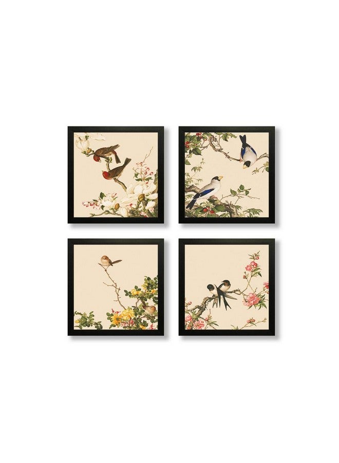 SAF paintings Set of 4 Couple Birds Sitting on Flowers UV Coated Home Decorative Gift Item Framed Painting 19 inch X 19 inch SET4_12-Floral - Image 2