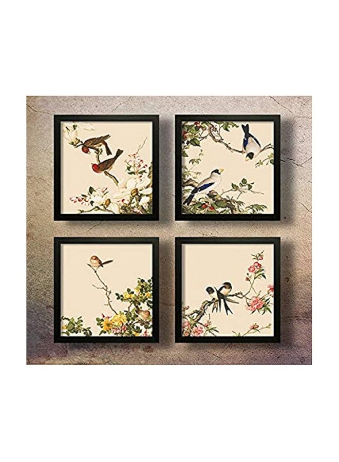 SAF paintings Set of 4 Couple Birds Sitting on Flowers UV Coated Home Decorative Gift Item Framed Painting 19 inch X 19 inch SET4_12-Floral - Image 1