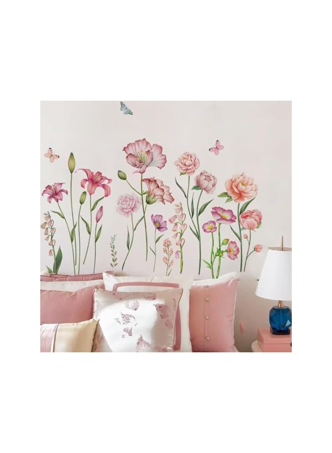 S-TOP Peel and Stick Floral Wall Stickers, Removable Pink Flower Wall Decals for Girls Bedroom, Baby Nursery, Kids Room, Living Room Home Decor, Self-Adhesive Wall Art Wallpaper - Image 2