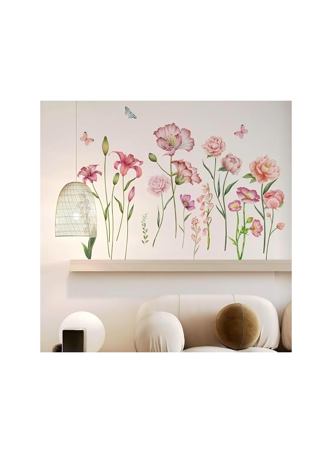 S-TOP Peel and Stick Floral Wall Stickers, Removable Pink Flower Wall Decals for Girls Bedroom, Baby Nursery, Kids Room, Living Room Home Decor, Self-Adhesive Wall Art Wallpaper - Image 3