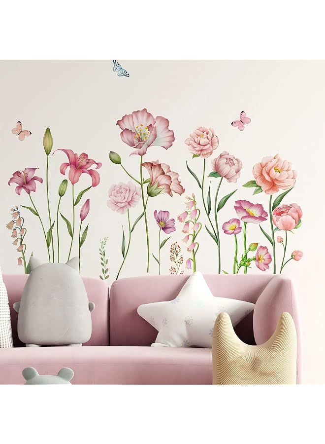 S-TOP Peel and Stick Floral Wall Stickers, Removable Pink Flower Wall Decals for Girls Bedroom, Baby Nursery, Kids Room, Living Room Home Decor, Self-Adhesive Wall Art Wallpaper - Image 1