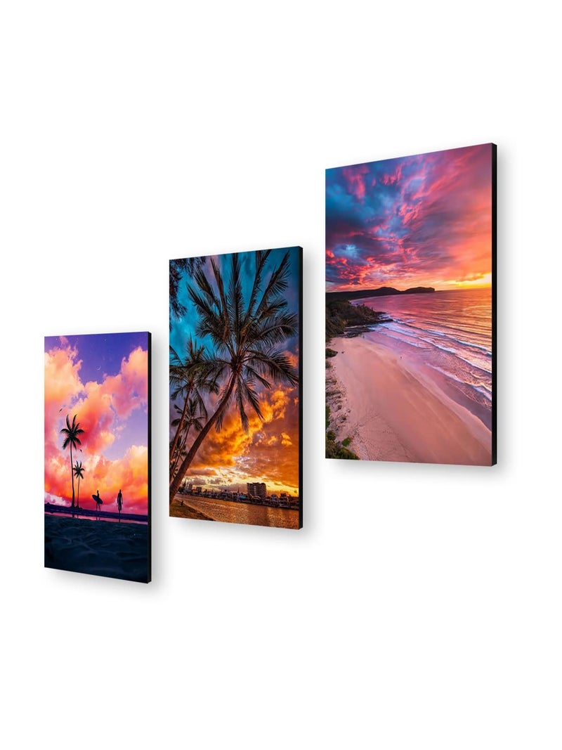 999STORE 999STORE Beach Sunset With Palm Trees home room dcor framed stylish modern wall frames hanging items for living Set of 3 Panels Paper Print 24X15 Inches MDF3Frames037  - Image 3