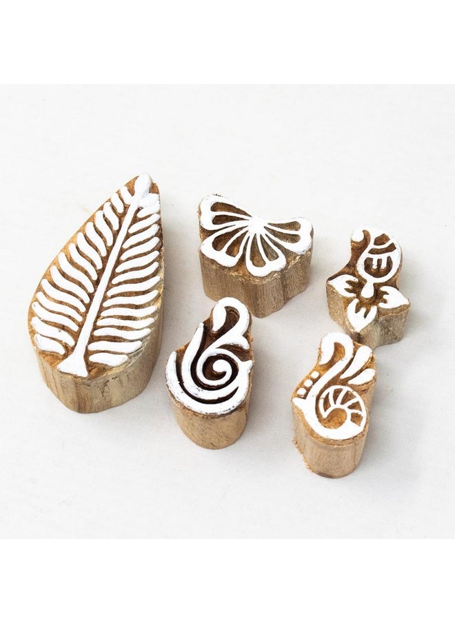 Hashcart Hashcart Wooden Indian | Set of 5 | Traditional Design Printing Stamps / Blocks for Printing Saree Border Dresses / Craft Card Making / Scrapbook / Clay Pottery  - Image 1