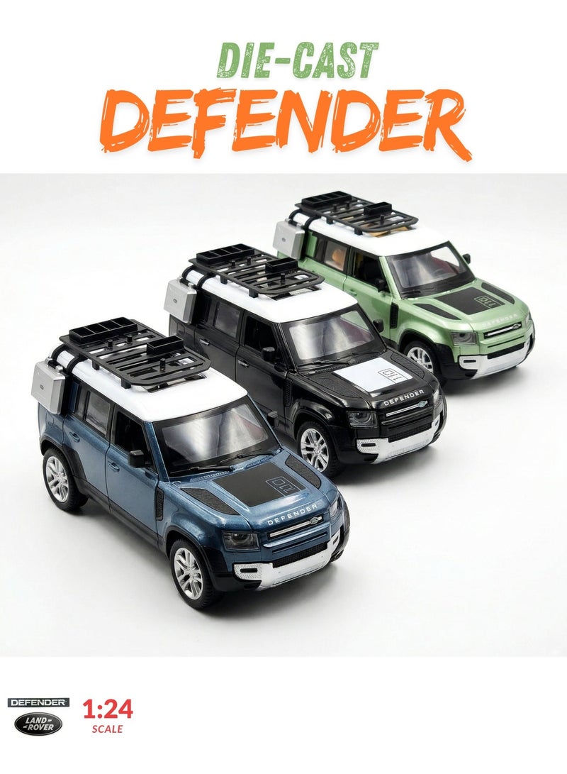 LAND ROVER Defender Outdoor Edition Die-Cast Metal Pull Back Toy Car -01 Pcs Assorted [1:24] with Lights, Sound & 6 Opening Parts – Multicolour Model Vehicle for Kids & Collectors - Image 1