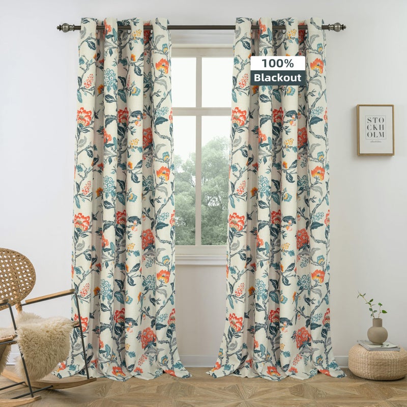 DriftAway Ada Floral Botanical Print Flower Leaf Lined Thermal Insulated Room Darkening Blackout Window Curtains 2 Layers Set of 2 Panels Each 52 Inch by 84 Inch Linen Orange Teal - Image 1