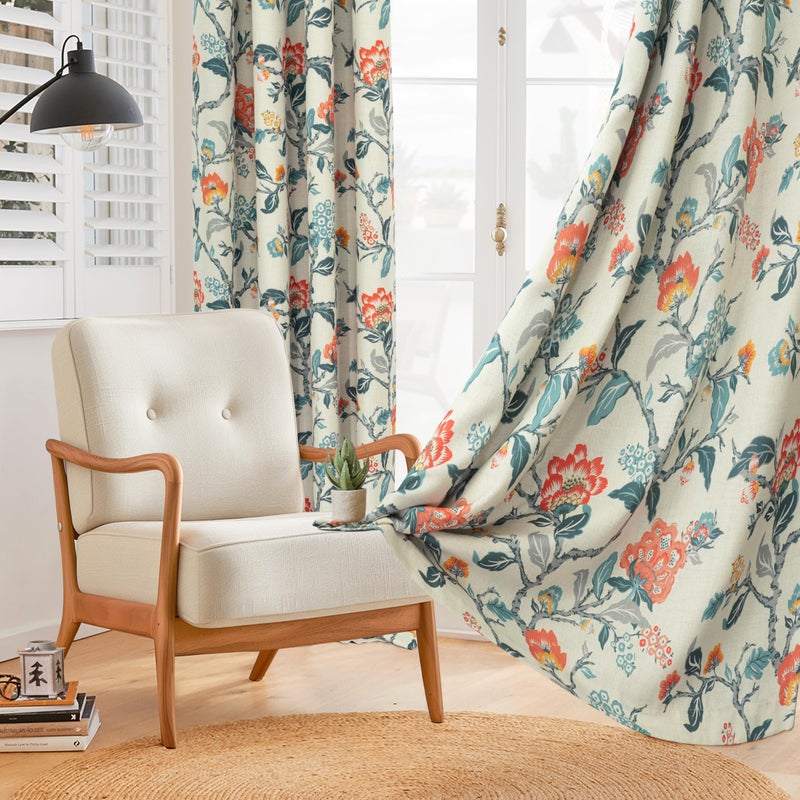 DriftAway Ada Floral Botanical Print Flower Leaf Lined Thermal Insulated Room Darkening Blackout Window Curtains 2 Layers Set of 2 Panels Each 52 Inch by 84 Inch Linen Orange Teal - Image 2
