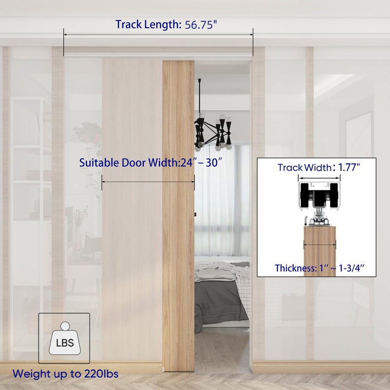 JUBEST 5FT Commercial Grade Pocket Door Hardware and Track Set, Sliding Door Hardware 56.7", Durable and Smoothly, Easy to Install - Image 5