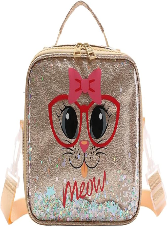 CUBS Cat Print Waterproof Glittery lunch bag with removable shoulder strap carrying your favorite meals to school, work or while traveling - Image 2