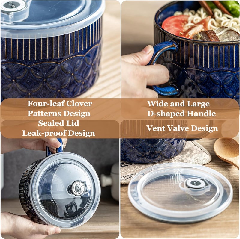 Gomakren Soup Bowl with Handle 39oz, Ramen Bowl with Lid, Ceramic Soup Container Mug Cup for Ramen Cereal Office Lunch Dorm, Microwave Safe, Cobalt Blue - Image 5