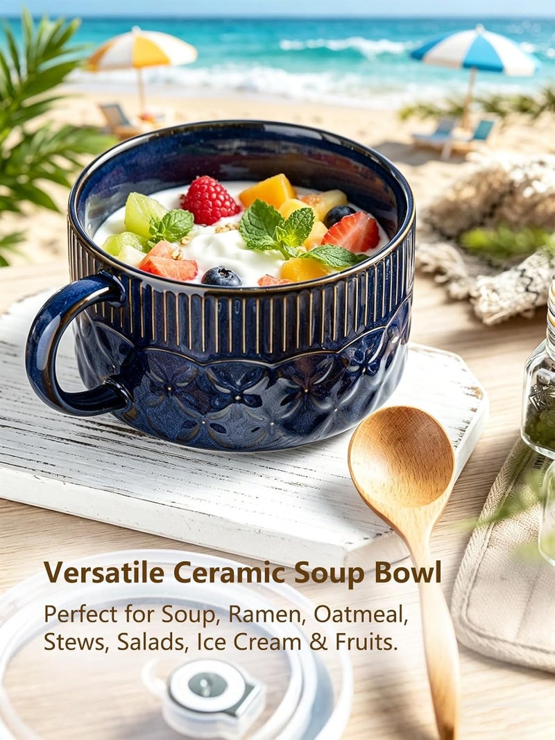 Gomakren Soup Bowl with Handle 39oz, Ramen Bowl with Lid, Ceramic Soup Container Mug Cup for Ramen Cereal Office Lunch Dorm, Microwave Safe, Cobalt Blue - Image 4