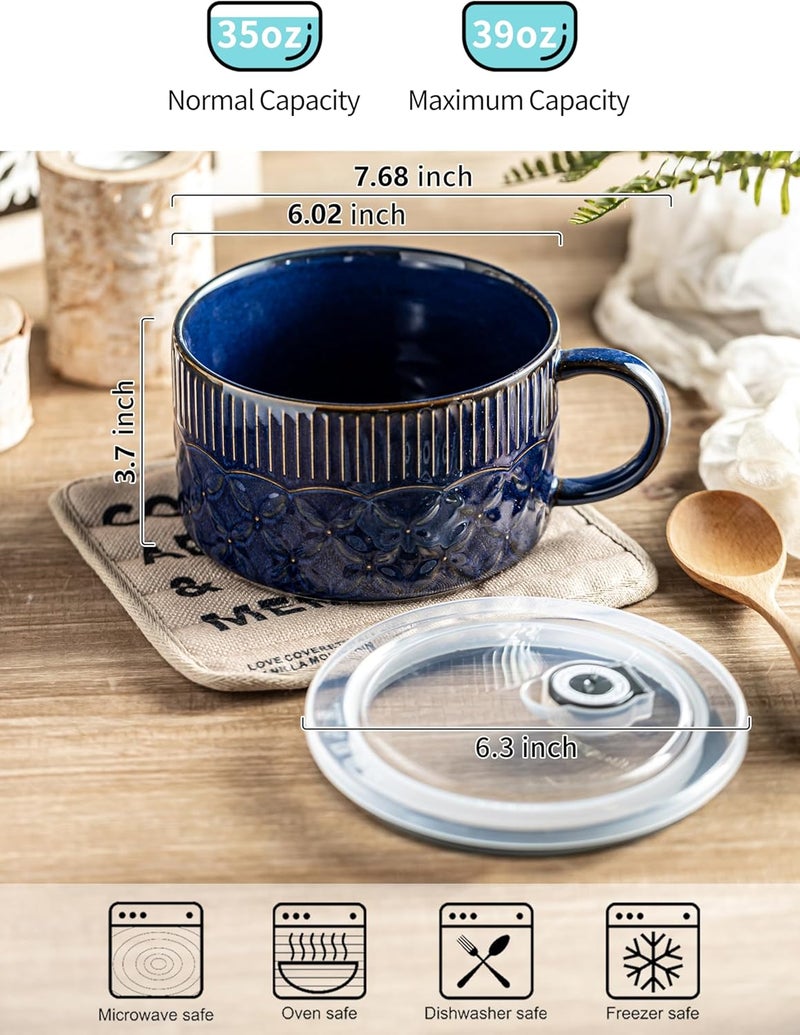 Gomakren Soup Bowl with Handle 39oz, Ramen Bowl with Lid, Ceramic Soup Container Mug Cup for Ramen Cereal Office Lunch Dorm, Microwave Safe, Cobalt Blue - Image 2