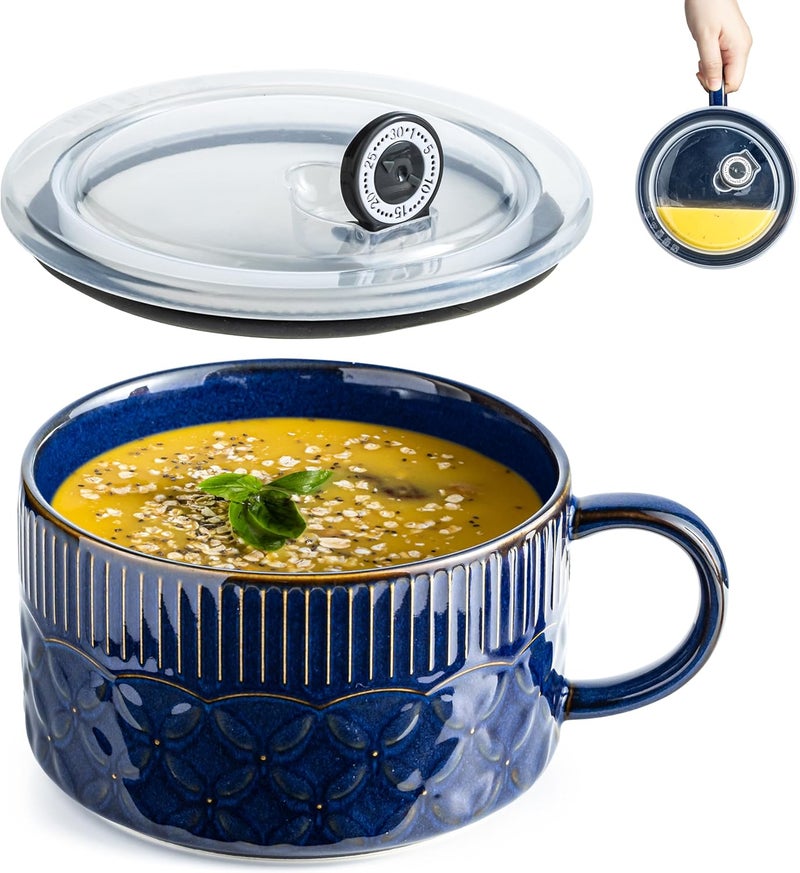 Gomakren Soup Bowl with Handle 39oz, Ramen Bowl with Lid, Ceramic Soup Container Mug Cup for Ramen Cereal Office Lunch Dorm, Microwave Safe, Cobalt Blue - Image 1