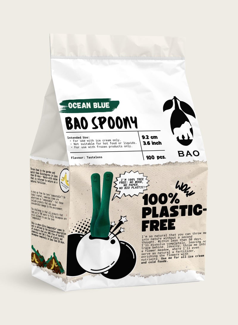 BAO Ice Cream Spoon in BAG – 100 pcs " Made of our plastic substitute ultra composable BAO material. Impervious to heat or cold. Preserves the taste of food and its nutrients, neutral when in contact with food and antibacterial. DECOMPOSE within 50 days leaving no environmental impact. BAO is your answer to plastic WITHOUT plastic " - Image 1