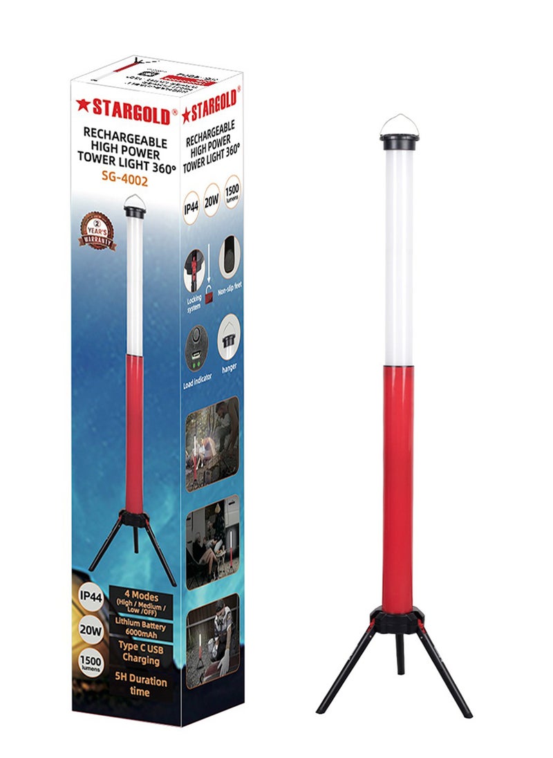 Stargold - Rechargeable High Power Camping Light 20W Tower Light 360° 1500 Lumens Lithium Battery 8000mAh 6H Duration time Type C USB Charging - Image 1