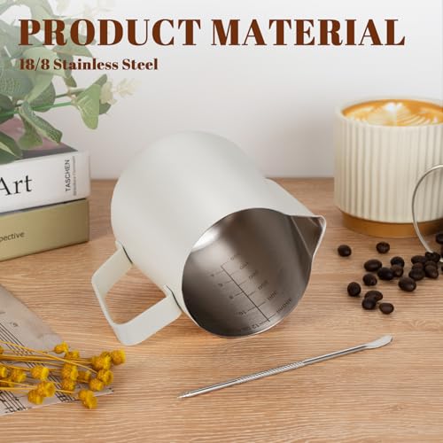 Amrules Milk Frothing Pitcher, 12oz Milk Frother Cup with Clear Scale, 304 Stainless Steel Cappuccino Espresso Machine Accessories for Barista Coffee Bar with Latte Art Pen, White - Image 5