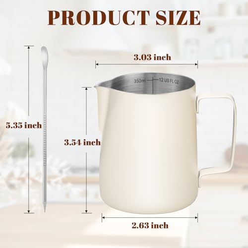 Amrules Milk Frothing Pitcher, 12oz Milk Frother Cup with Clear Scale, 304 Stainless Steel Cappuccino Espresso Machine Accessories for Barista Coffee Bar with Latte Art Pen, White - Image 2