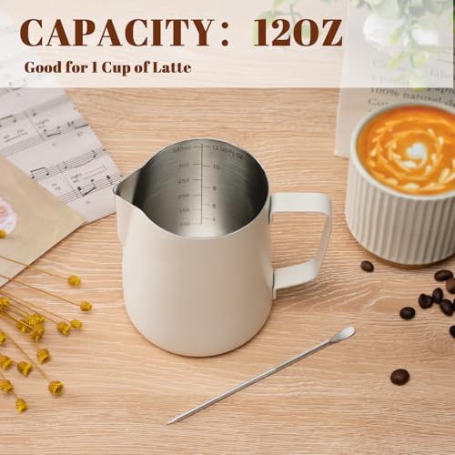 Amrules Milk Frothing Pitcher, 12oz Milk Frother Cup with Clear Scale, 304 Stainless Steel Cappuccino Espresso Machine Accessories for Barista Coffee Bar with Latte Art Pen, White - Image 4