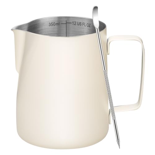 Amrules Milk Frothing Pitcher, 12oz Milk Frother Cup with Clear Scale, 304 Stainless Steel Cappuccino Espresso Machine Accessories for Barista Coffee Bar with Latte Art Pen, White - Image 1