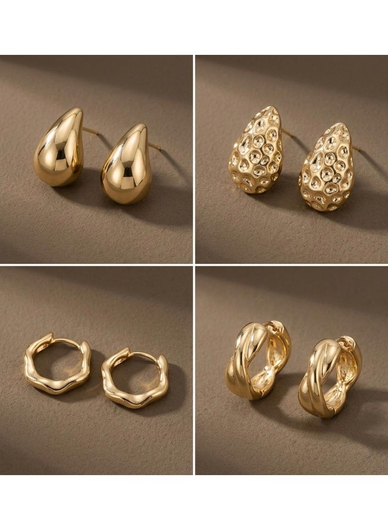 4-Pair Golden Elegance Earring Set – Luxury Bundle Featuring Twisted Hoops, Organic Waves, Smooth & Hammered Teardrops