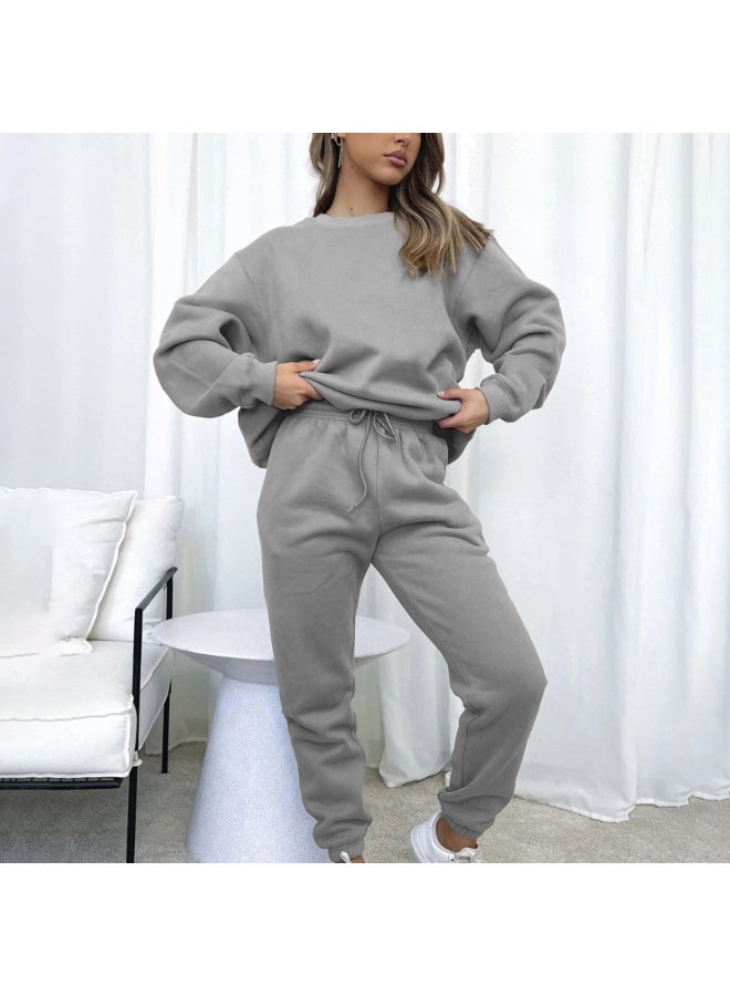 NIBEMINENT Spring And Autumn Solid-color Round-neck Pullover Long Pants For Women, Fashionable And Casual Long-sleeved Set - Image 1