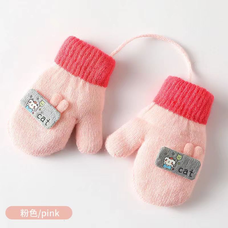 Thickened Fleece Kids Gloves Cartoon Warm Full-Finger with String Pink 
