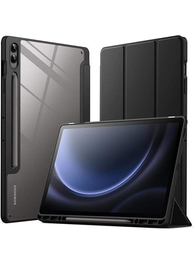 جي تيك حافظة لجهاز سامسونج جالكسي تاب S9 Fe+ S9 Fe Plus مقاس 12.4 بوصة مع حامل قلم S، غطاء خلفي شفاف صلب من البولي كربونات مع حامل ثلاثي الطيات وخاصية الاستيقاظ التلقائي باللون الأسود - Image 1