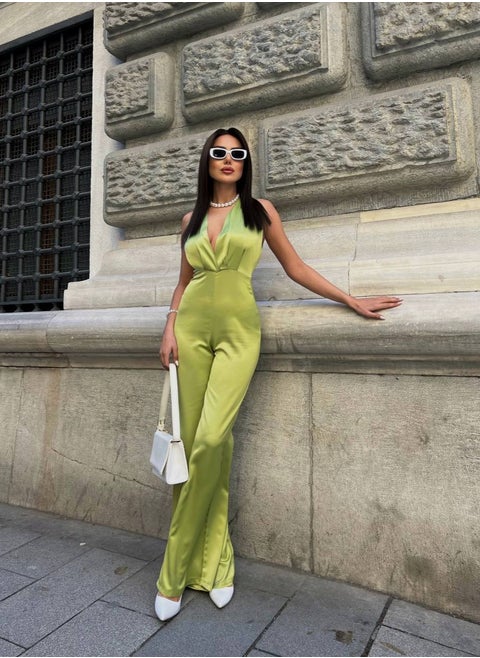 Gecko green satin backless jumpsuit