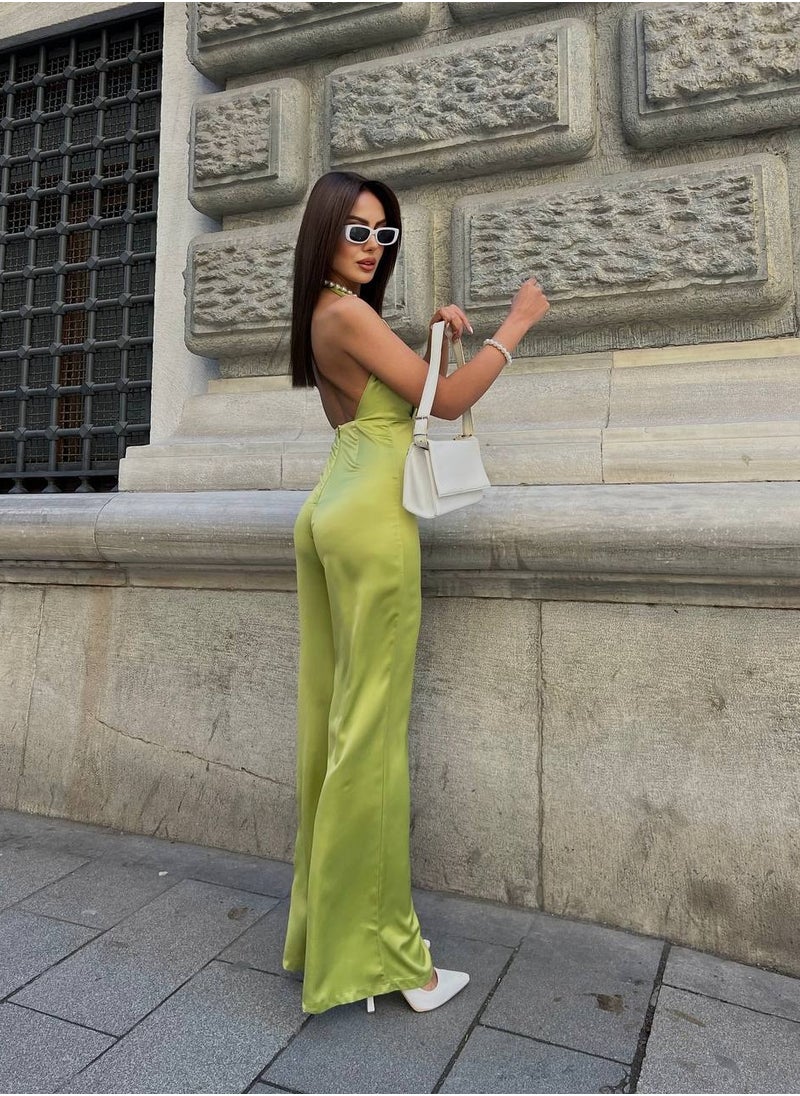 JOY - Gecko green satin backless jumpsuit - Image 1