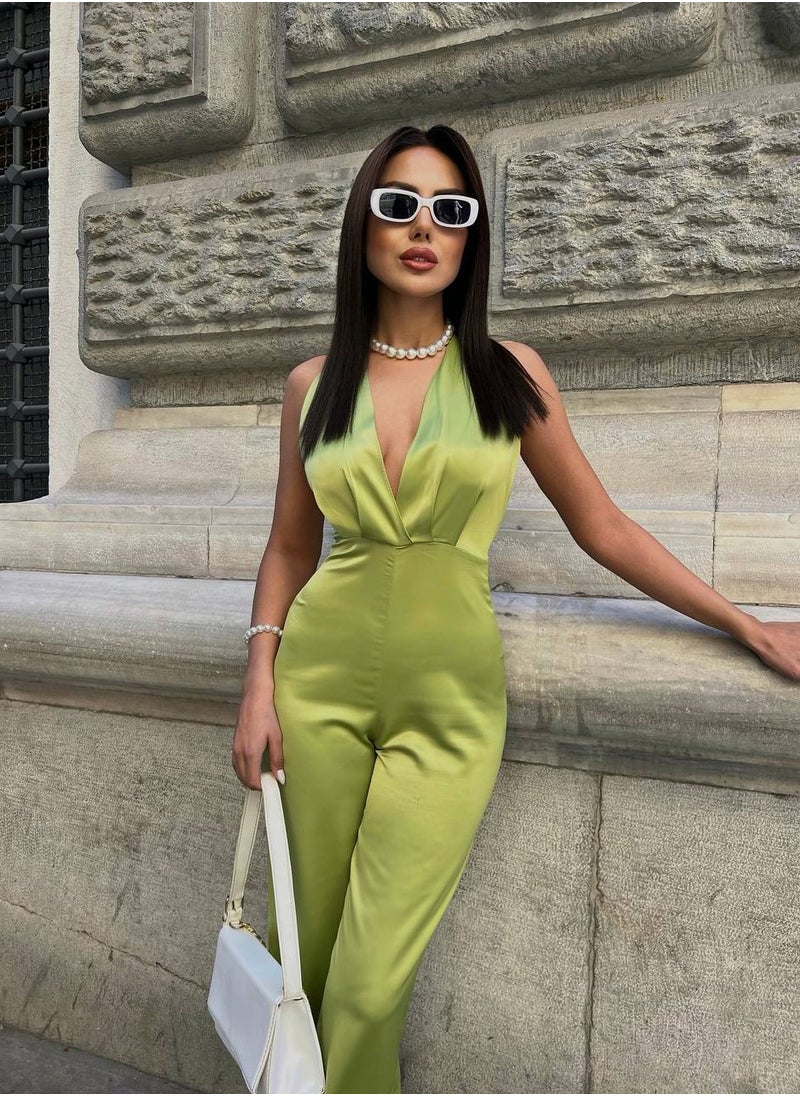 JOY - Gecko green satin backless jumpsuit - Image 1