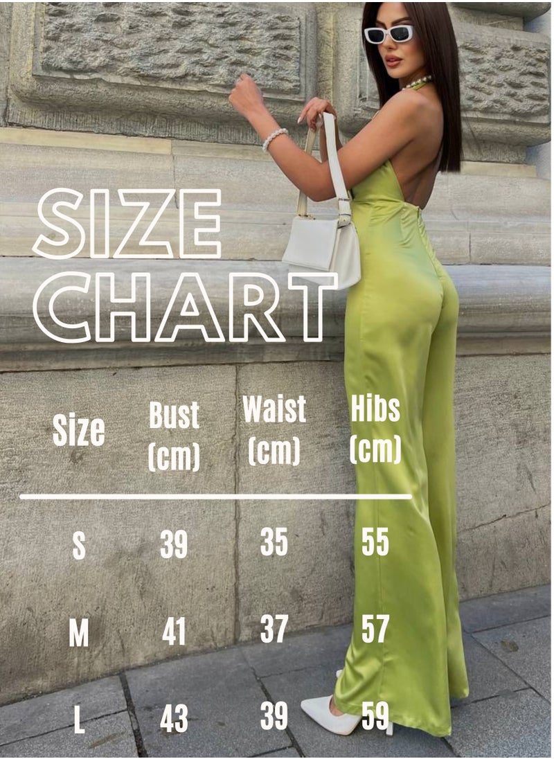 JOY - Gecko green satin backless jumpsuit - Image 1