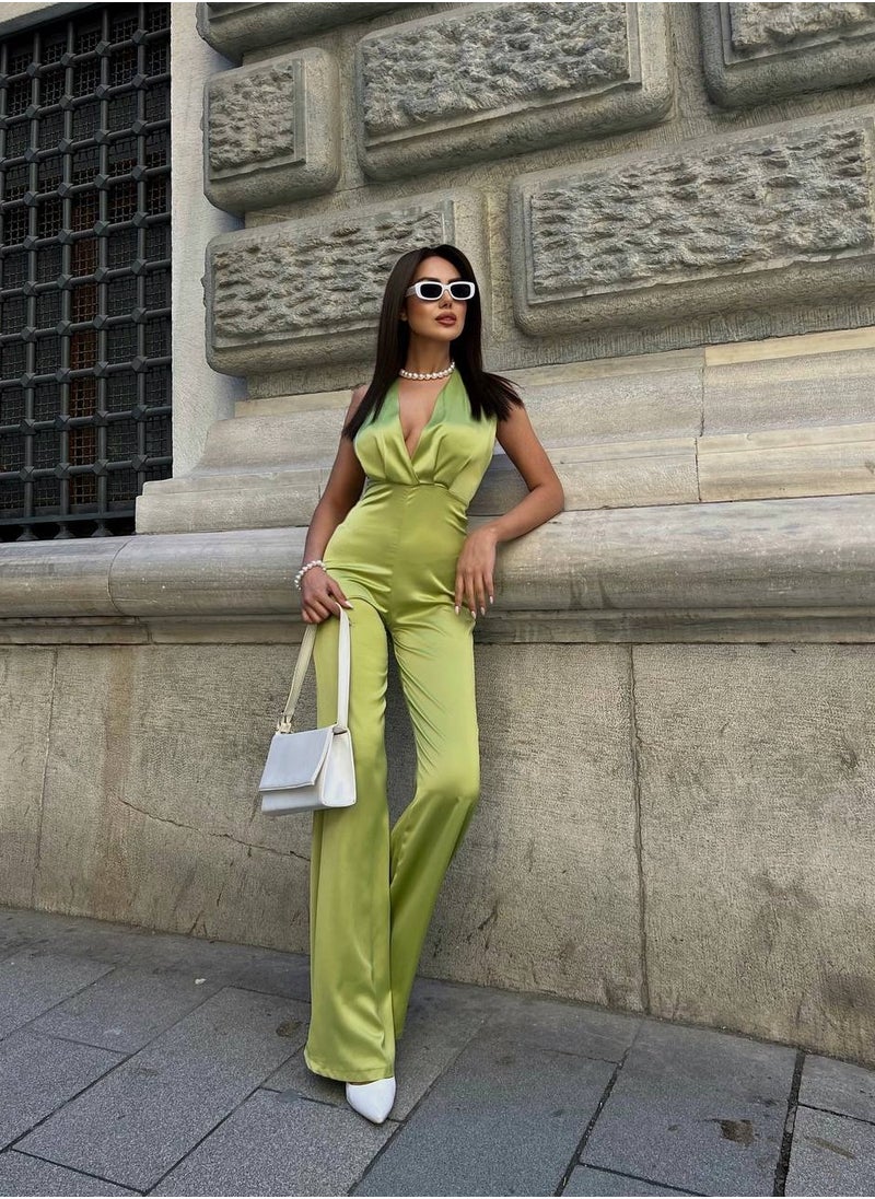 JOY - Gecko green satin backless jumpsuit - Image 1