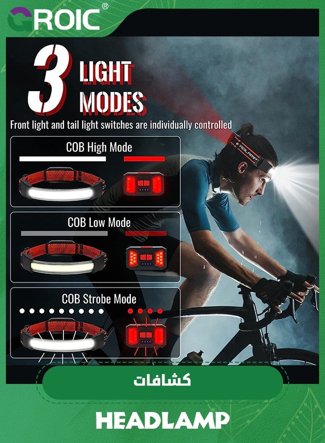 GROIC LED Headlamp Flashlight, 1000LM 270°Wide-Beam USB Rechargeable Head Light with Taillight  4 Clips Waterproof Headlight Headlamps for Running, Cycling and Camping - Image 2