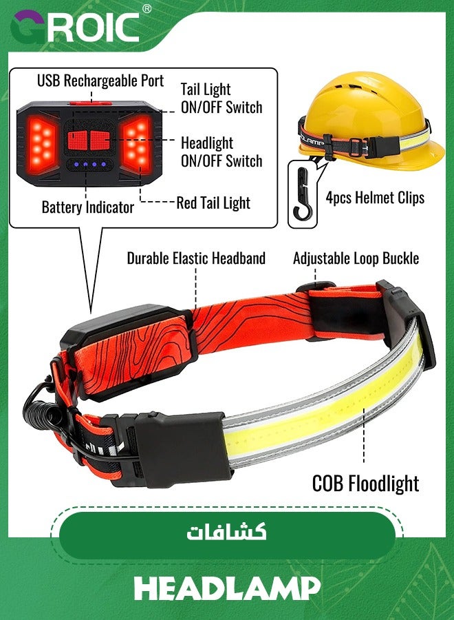 GROIC LED Headlamp Flashlight, 1000LM 270°Wide-Beam USB Rechargeable Head Light with Taillight  4 Clips Waterproof Headlight Headlamps for Running, Cycling and Camping - Image 4