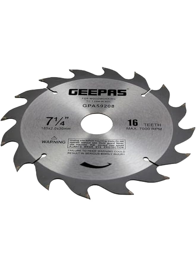 GEEPAS Professional Circular Saw Blade 185 Mm X 2 Mm X 30 Mm Size 16 Teeth Silver Black  - Image 1
