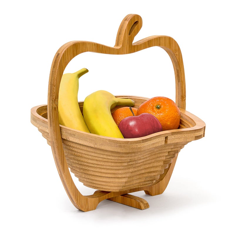 Relaxdays Foldable AppleShaped Basket 30 x 27 x 225 cm Folding Bamboo Fruit Bowl Holder Basket And Cutting Board Wooden Fruit Bowl With An AppleDesign Natural Brown