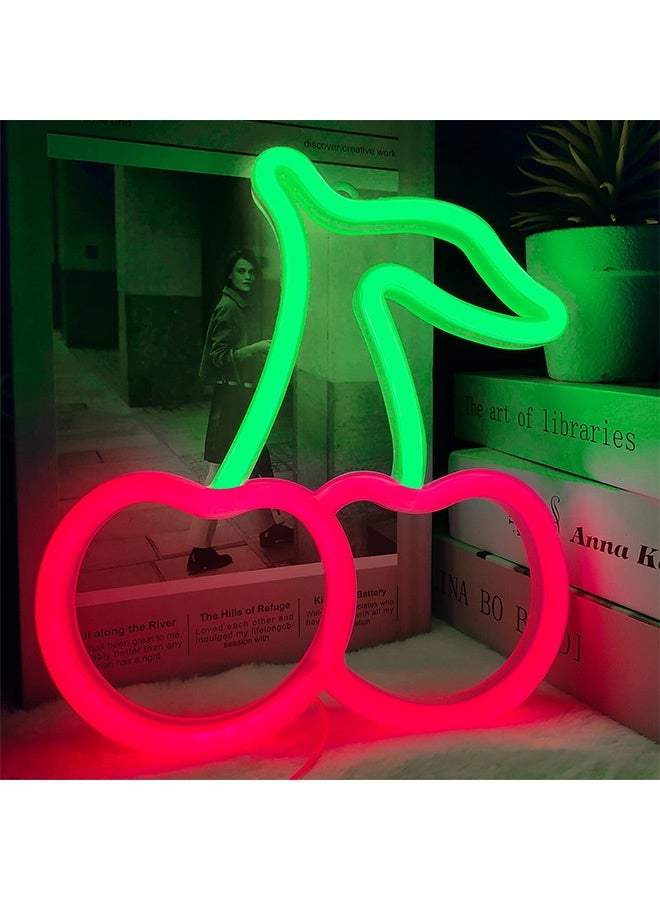 Peachjoy Cherry Neon Sign, Red Green Cherries Neon Lights, Cherry Neon Signs for Wall Decor, Cute Fruits LED Signs for Kids Room,Restaurant,Bar,Fruit Shop,Home Green+Red  - Image 1