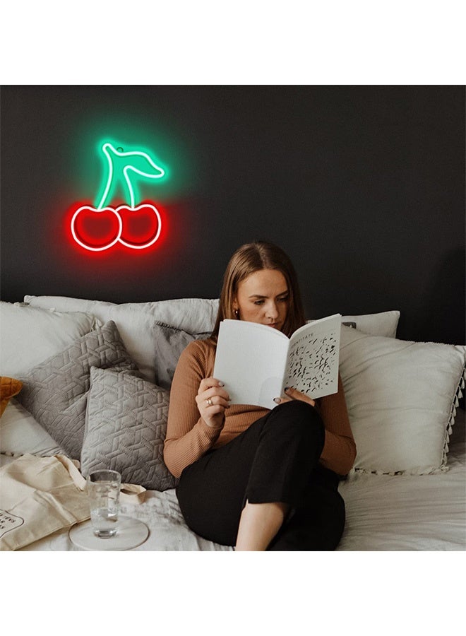 Peachjoy Cherry Neon Sign, Red Green Cherries Neon Lights, Cherry Neon Signs for Wall Decor, Cute Fruits LED Signs for Kids Room,Restaurant,Bar,Fruit Shop,Home Green+Red  - Image 5