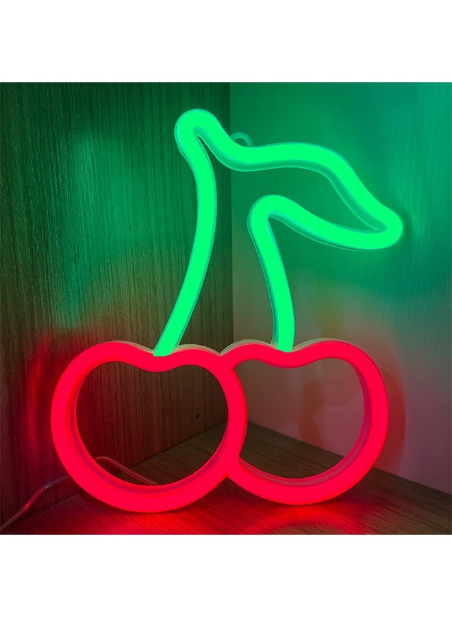 Peachjoy Cherry Neon Sign, Red Green Cherries Neon Lights, Cherry Neon Signs for Wall Decor, Cute Fruits LED Signs for Kids Room,Restaurant,Bar,Fruit Shop,Home Green+Red  - Image 2