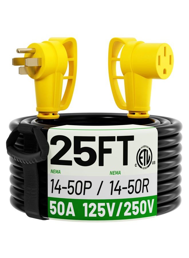 POWGRN 50 Amp 25 Feet Outdoor RV/EV Extension Cord with Grip Handle, Flexible Heavy Duty 6/3+8/1 Gauge STW 4 Prong RV Waterproof, NEMA 14-50P to 14-50R, Black-Yellow, - Image 1
