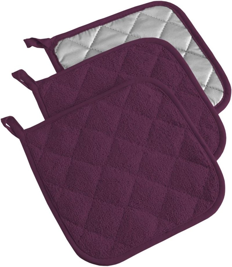 DII Basic Terry Collection Quilted 100% Cotton, Potholder, Eggplant, 3 Piece - Image 1