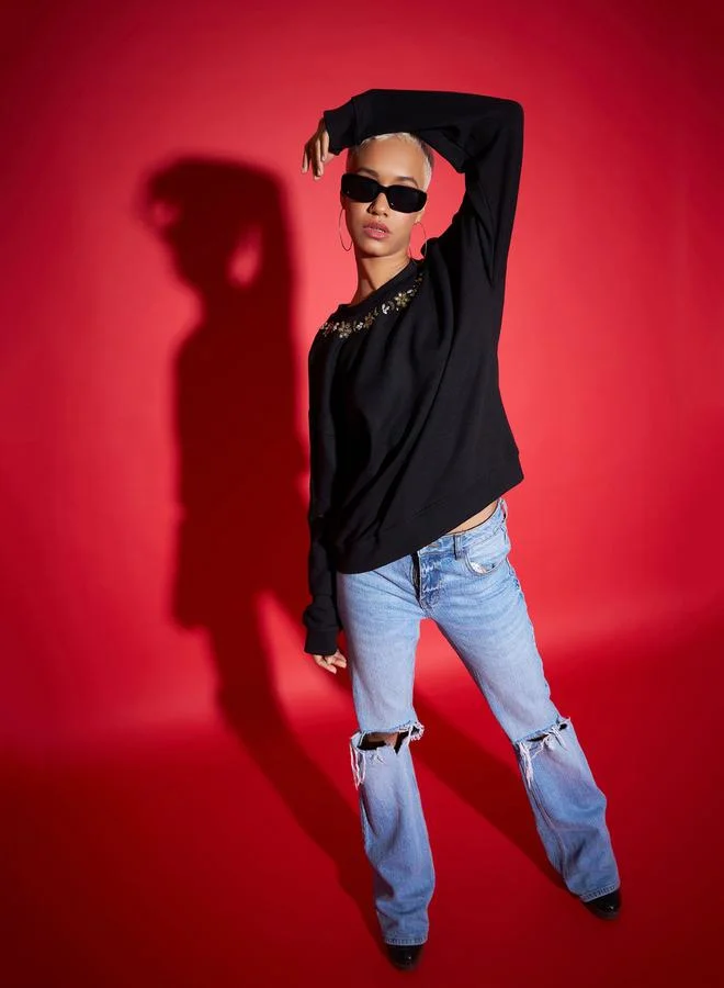 SASSAFRAS SASSAFRAS Oversized Beaded Neckline Terry Sweatshirt