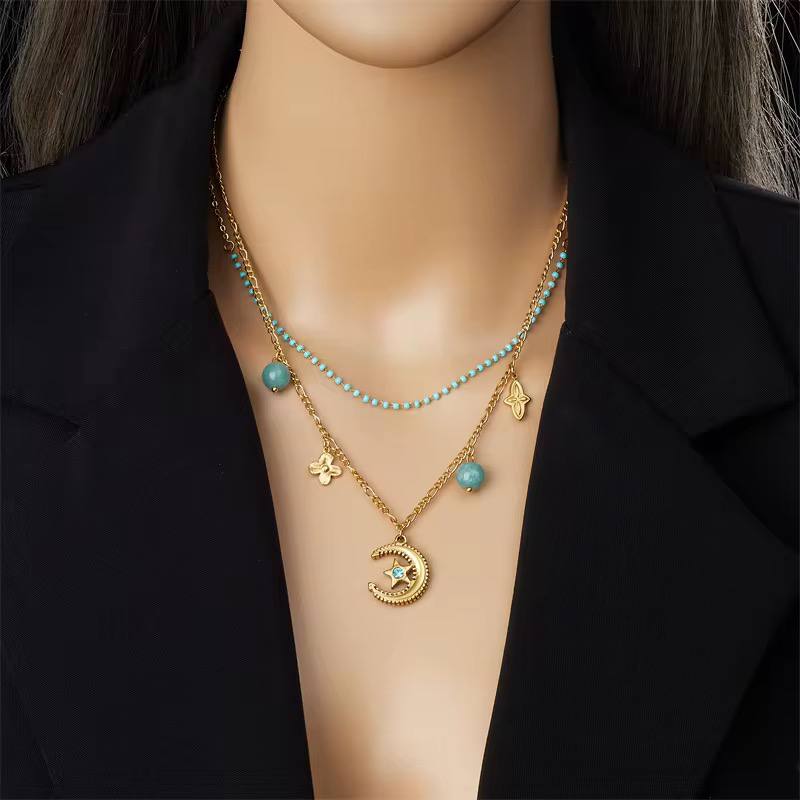 The Black Pearl Accessories Blue Zirconic Golden Multi Layered Stainless Steel Pendant Necklace - Image 2