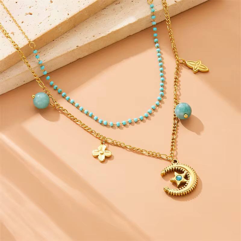 The Black Pearl Accessories Blue Zirconic Golden Multi Layered Stainless Steel Pendant Necklace - Image 1