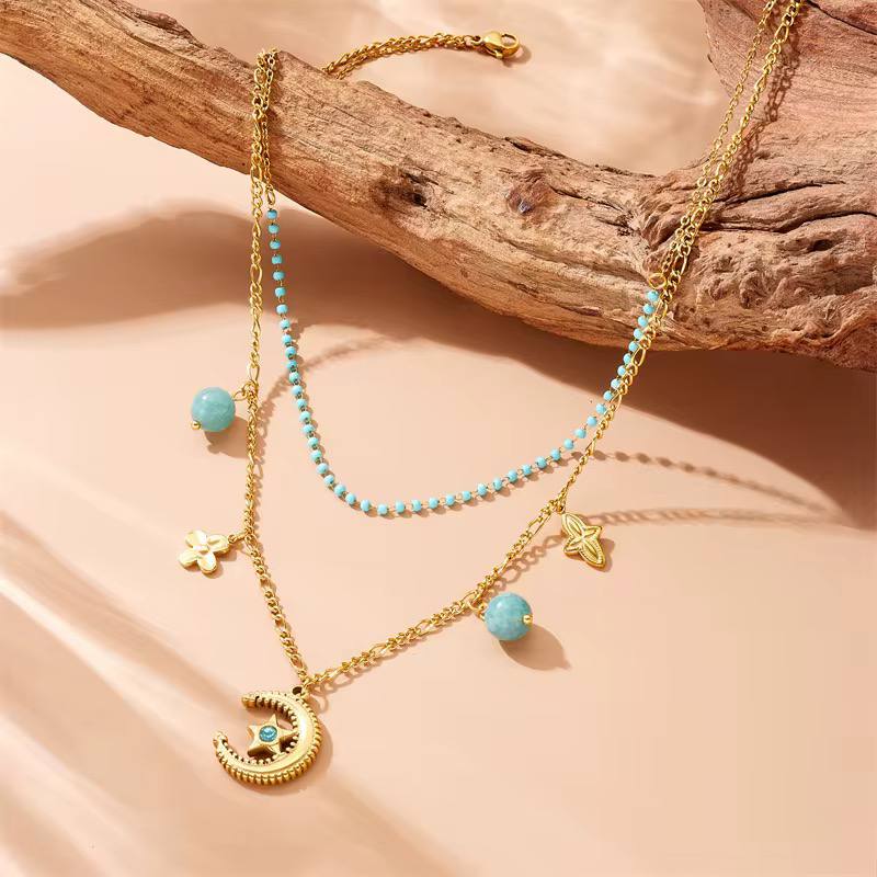 The Black Pearl Accessories Blue Zirconic Golden Multi Layered Stainless Steel Pendant Necklace - Image 4