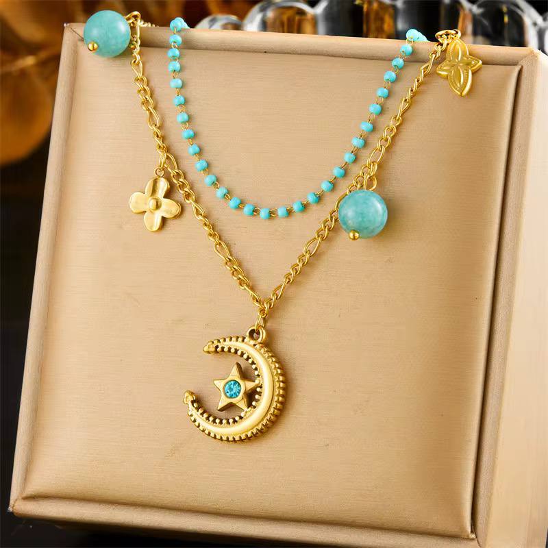 The Black Pearl Accessories Blue Zirconic Golden Multi Layered Stainless Steel Pendant Necklace - Image 3