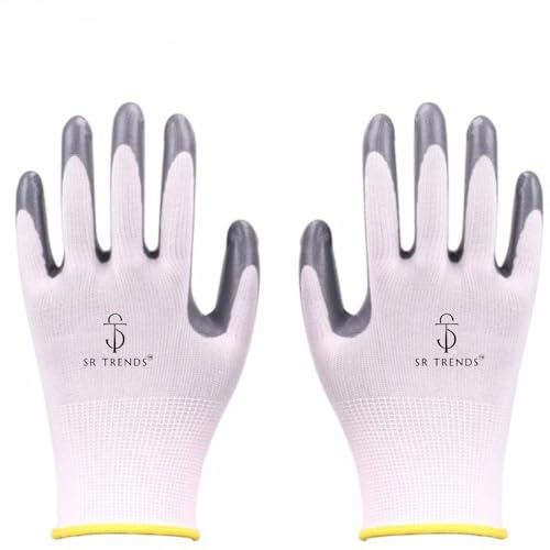 SR TRENDS Safety Gloves - Nylon Nitrile Coated Industrial & Home Cut Resistant Hand Gloves (GREY/WHITE, PACK OF 12 PAIRS) - Image 3